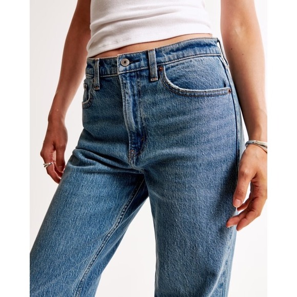 Abercrombie & Fitch The Vintage Straight High Rise Medium Wash Jeans 25 Raw Hem - Picture 6 of 13